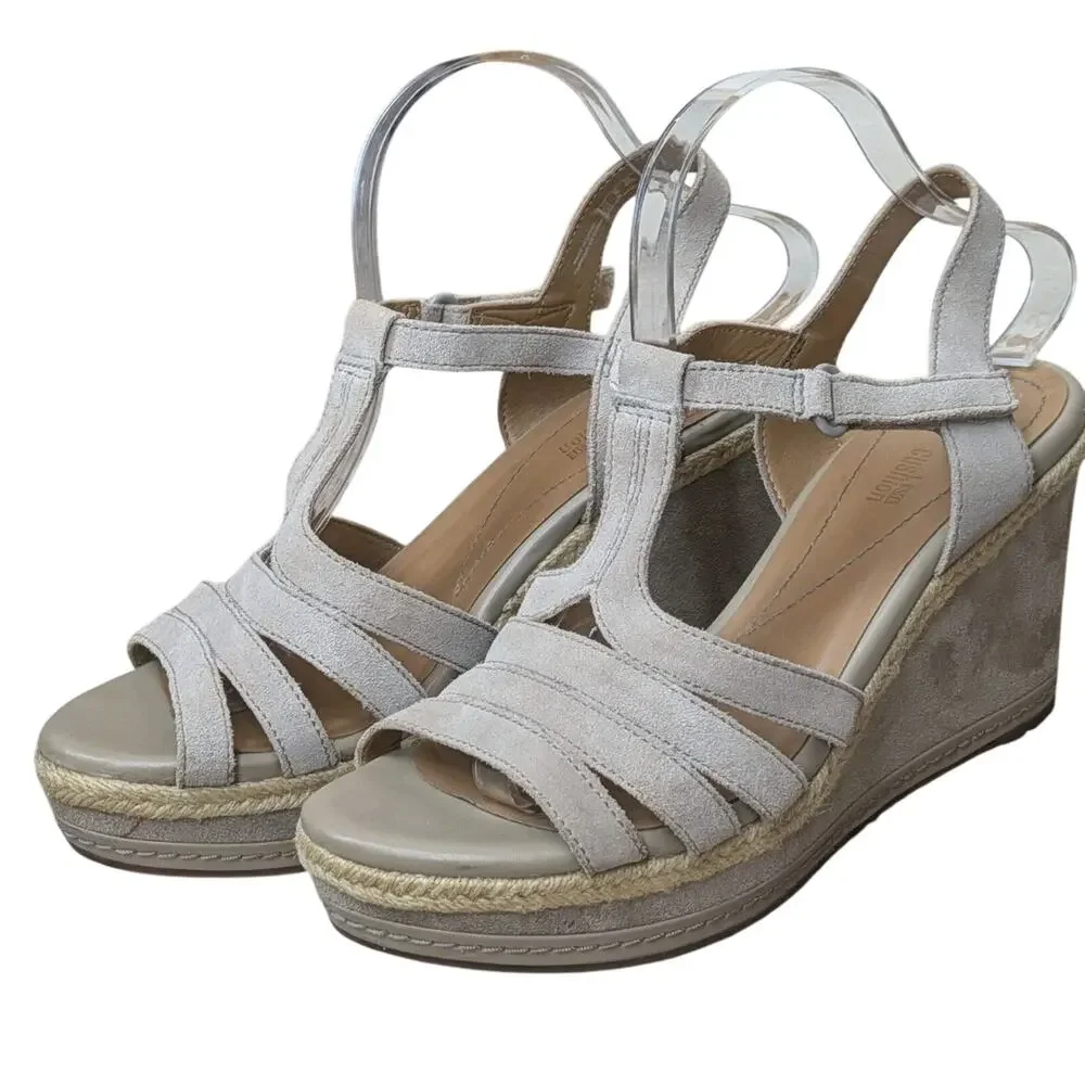 Clarks Collection Sandals Taupe Leather Straps Open Toe Platform Wedge Size 10 M